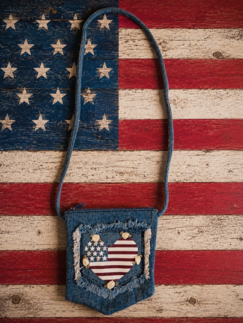 Denim Crossbody Bag with American Flag Heart Accent NWOT